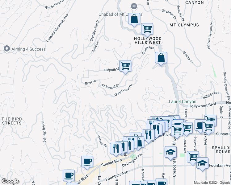 map of restaurants, bars, coffee shops, grocery stores, and more near 8413 Grand View Drive in Los Angeles