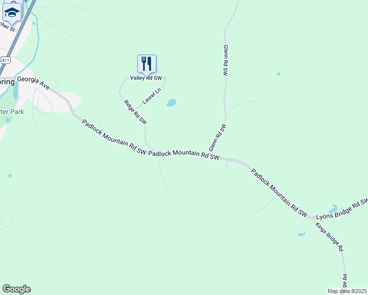 map of restaurants, bars, coffee shops, grocery stores, and more near 63 Padlock Mountain Road Southwest in Cave Spring