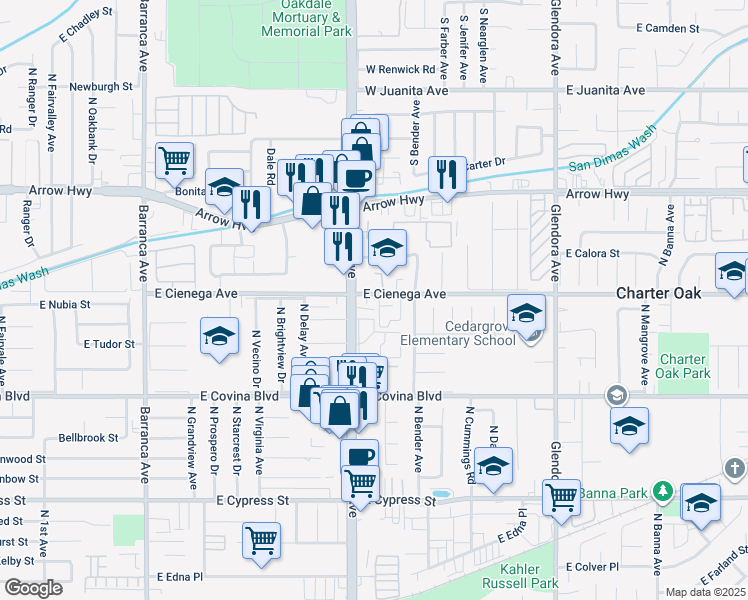 map of restaurants, bars, coffee shops, grocery stores, and more near 19526 East Cienega Avenue in Covina