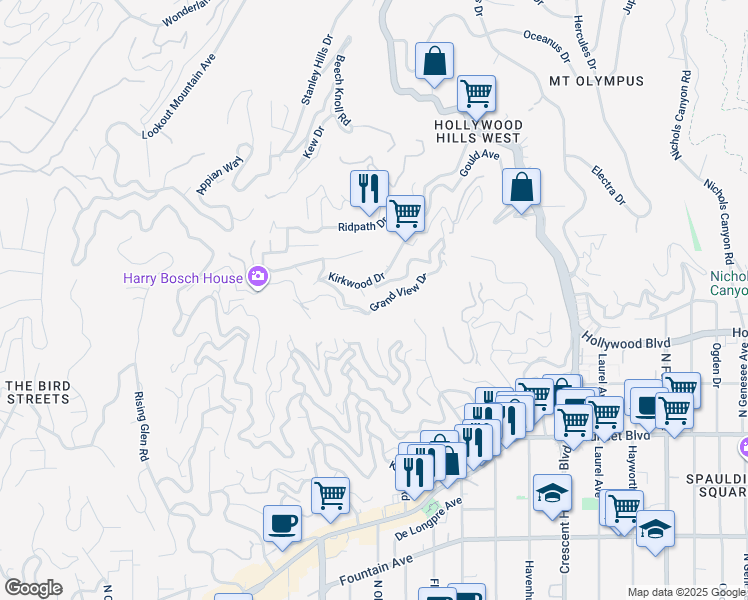 map of restaurants, bars, coffee shops, grocery stores, and more near 8413 Grand View Drive in Los Angeles