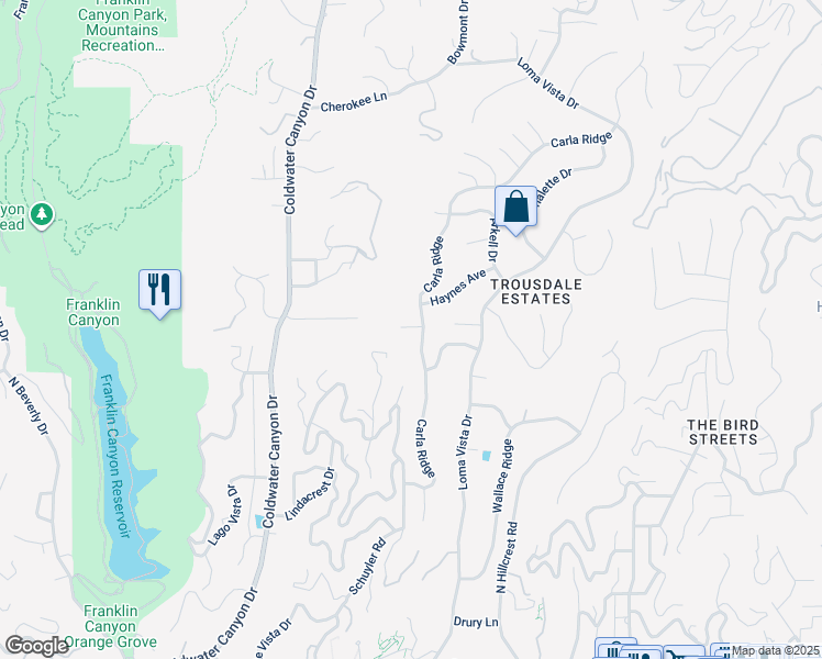map of restaurants, bars, coffee shops, grocery stores, and more near 1555 Carla Ridge in Beverly Hills
