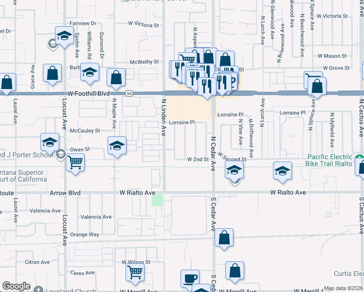 map of restaurants, bars, coffee shops, grocery stores, and more near 295 North Smoke Tree Avenue in Rialto