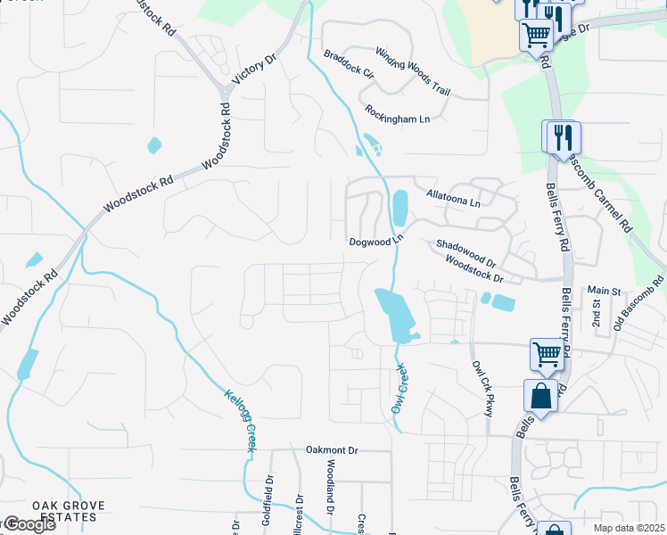 map of restaurants, bars, coffee shops, grocery stores, and more near 3029 Cambridge Mill Street in Acworth
