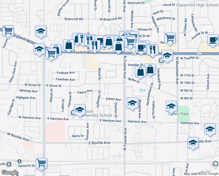 map of restaurants, bars, coffee shops, grocery stores, and more near 3082 Carrizo Drive in Pomona