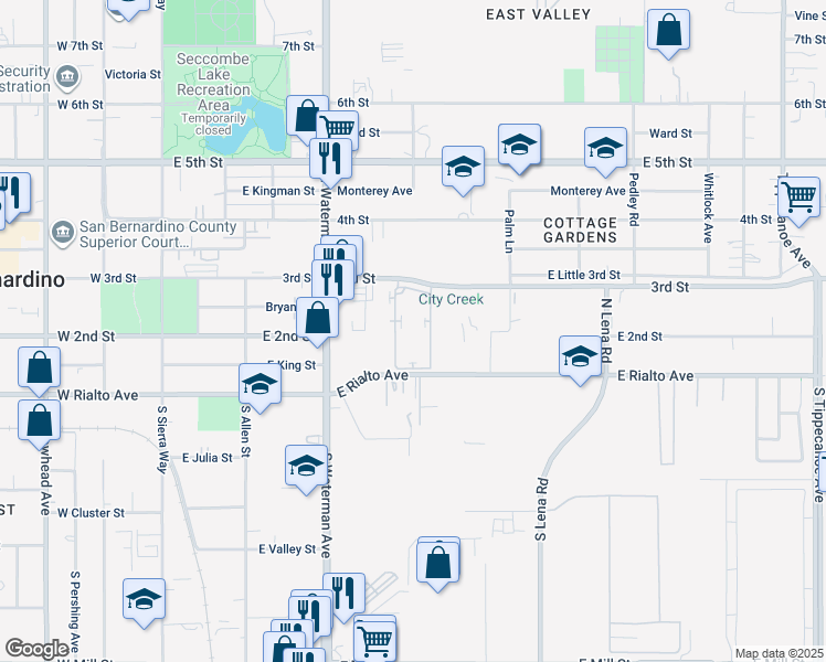 map of restaurants, bars, coffee shops, grocery stores, and more near 495 East 3rd Street in San Bernardino