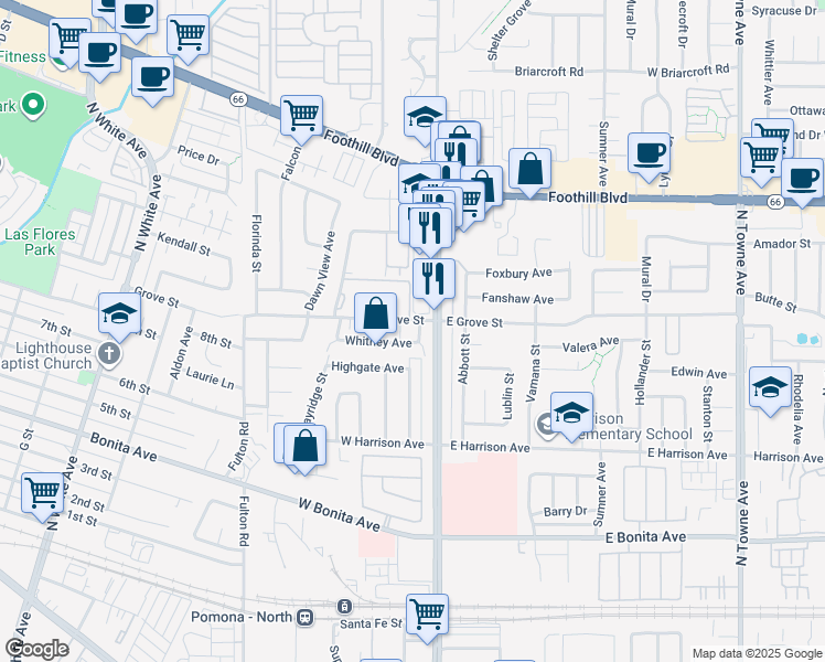 map of restaurants, bars, coffee shops, grocery stores, and more near 3073 Gladstone Street in Pomona