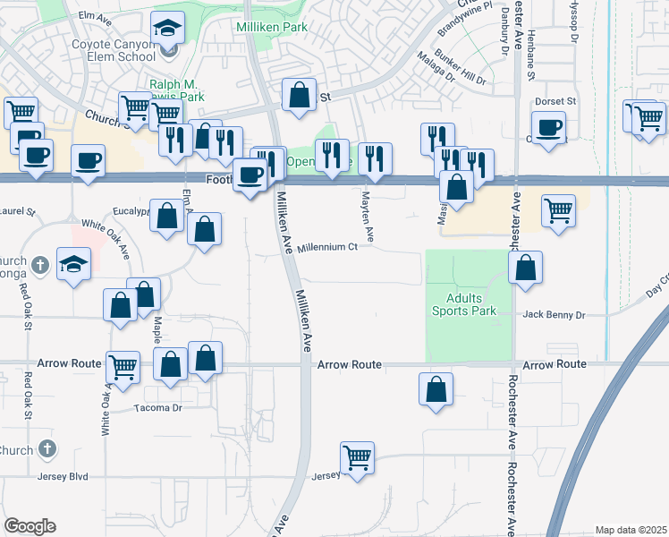 map of restaurants, bars, coffee shops, grocery stores, and more near 8291 Milliken Avenue in Rancho Cucamonga