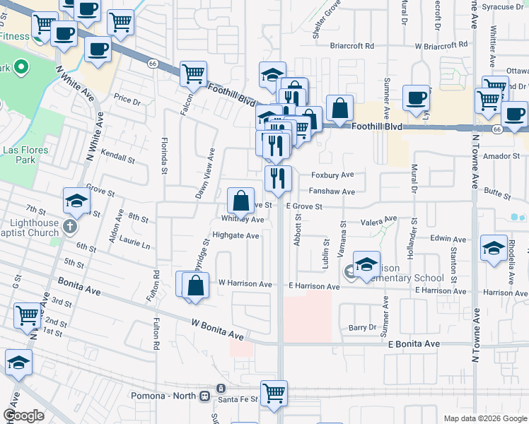 map of restaurants, bars, coffee shops, grocery stores, and more near 3073 Gladstone Street in Pomona