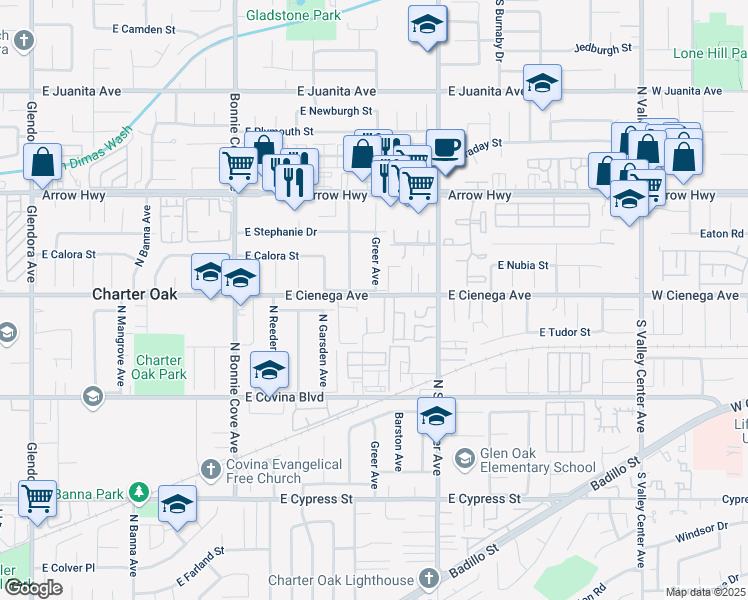 map of restaurants, bars, coffee shops, grocery stores, and more near 1996 East Cienega Avenue in Covina