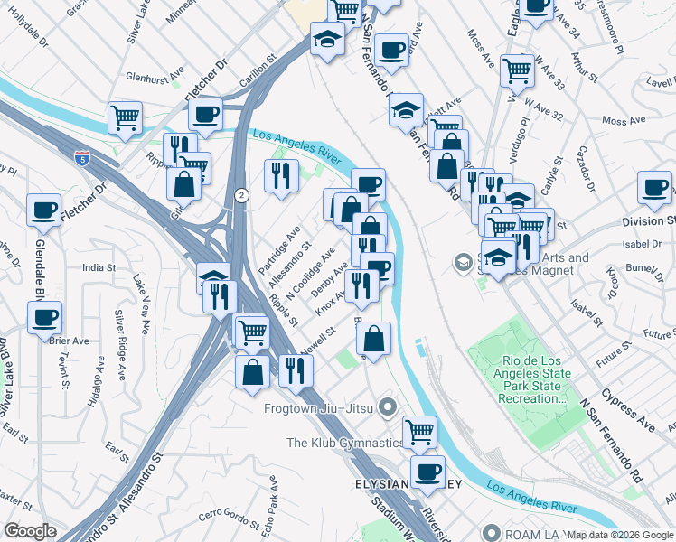 map of restaurants, bars, coffee shops, grocery stores, and more near Denby Avenue in Los Angeles