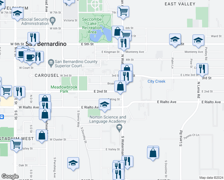 map of restaurants, bars, coffee shops, grocery stores, and more near 252 East 2nd Street in San Bernardino