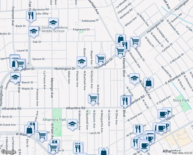 map of restaurants, bars, coffee shops, grocery stores, and more near 911 North Dos Robles Place in Alhambra