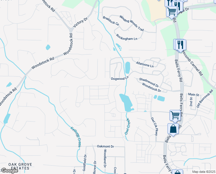 map of restaurants, bars, coffee shops, grocery stores, and more near 3021 Cambridge Mill Street in Acworth