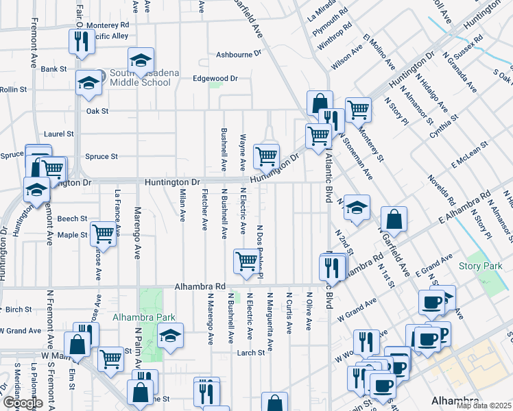 map of restaurants, bars, coffee shops, grocery stores, and more near 911 North Dos Robles Place in Alhambra