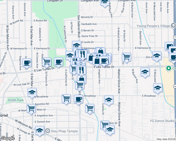map of restaurants, bars, coffee shops, grocery stores, and more near 5640 North Gladys Avenue in San Gabriel