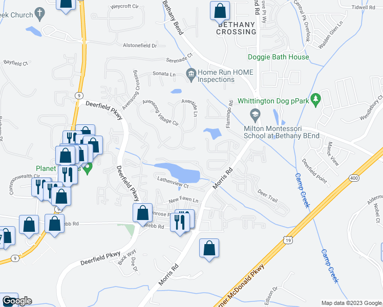 map of restaurants, bars, coffee shops, grocery stores, and more near 665 Chantress Court in Alpharetta