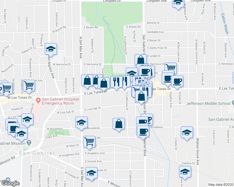 map of restaurants, bars, coffee shops, grocery stores, and more near 421 East Live Oak Street in San Gabriel