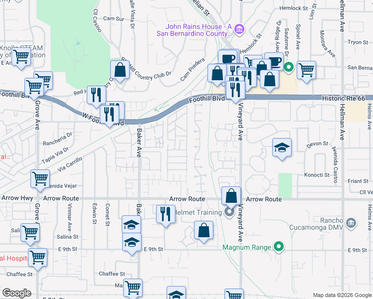 map of restaurants, bars, coffee shops, grocery stores, and more near 8348 Foothill Boulevard in Rancho Cucamonga