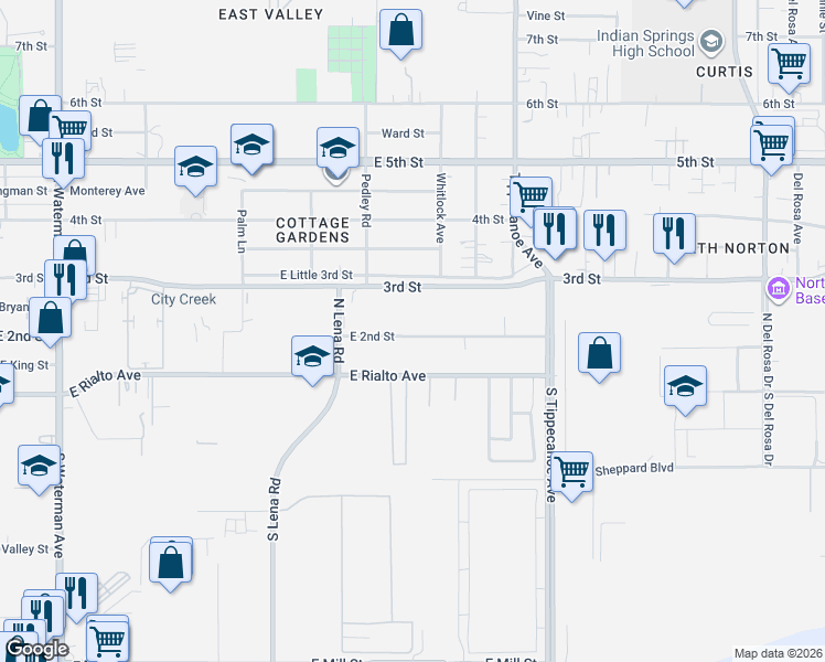 map of restaurants, bars, coffee shops, grocery stores, and more near 895 East 2nd Street in San Bernardino