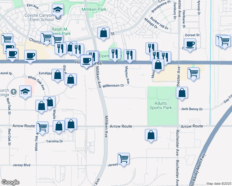map of restaurants, bars, coffee shops, grocery stores, and more near 8329-8363 Milliken Avenue in Rancho Cucamonga