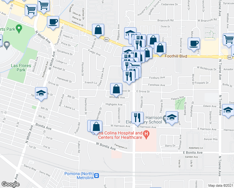map of restaurants, bars, coffee shops, grocery stores, and more near 236 Whitney Avenue in Pomona