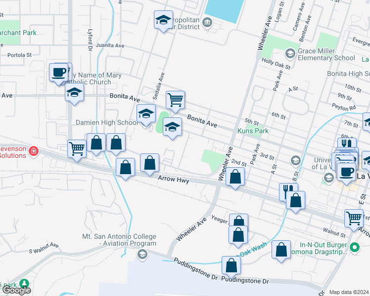 map of restaurants, bars, coffee shops, grocery stores, and more near 2106 Blossom Lane in La Verne