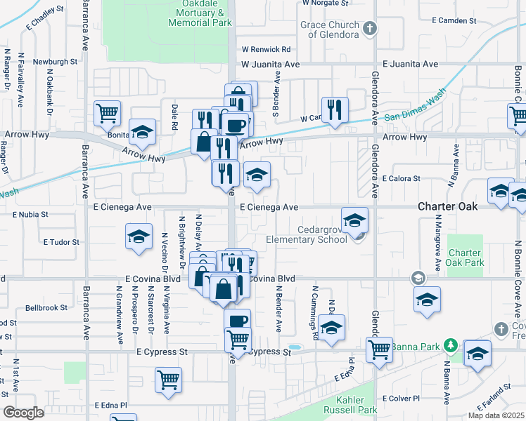 map of restaurants, bars, coffee shops, grocery stores, and more near 4935 North Bender Avenue in Covina