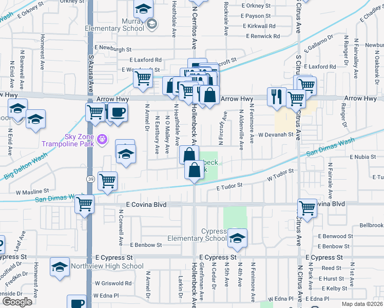 map of restaurants, bars, coffee shops, grocery stores, and more near 1250 North Hollenbeck Avenue in Covina