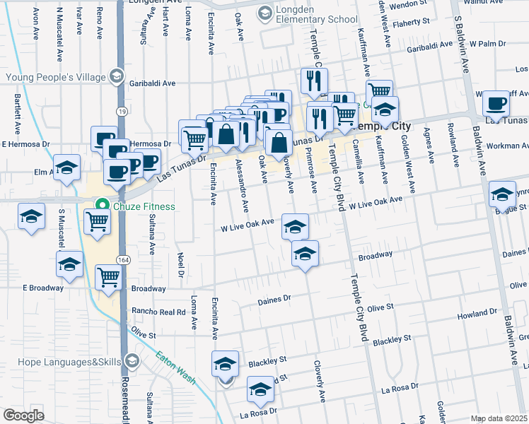 map of restaurants, bars, coffee shops, grocery stores, and more near 9421 Live Oak Avenue in Temple City
