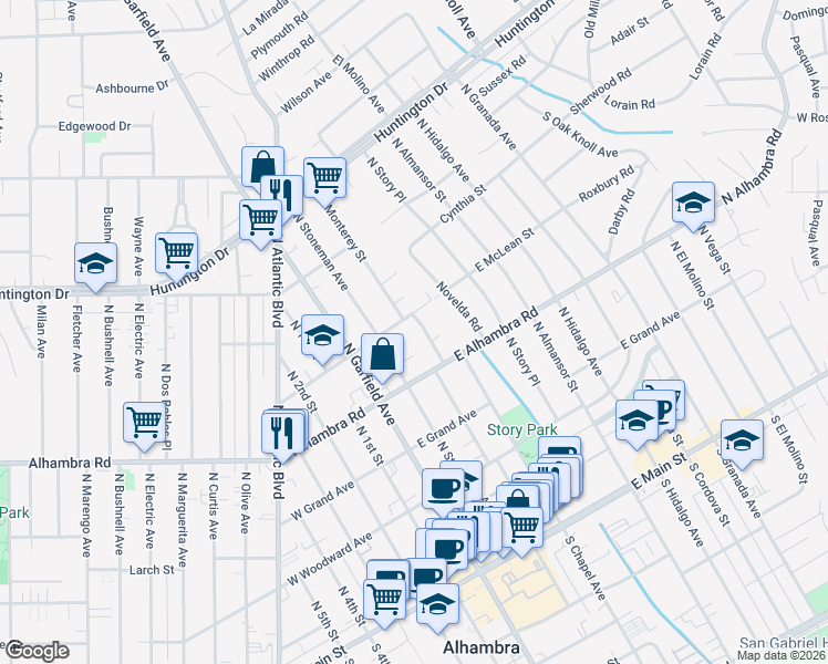 map of restaurants, bars, coffee shops, grocery stores, and more near 623 North Monterey Street in Alhambra