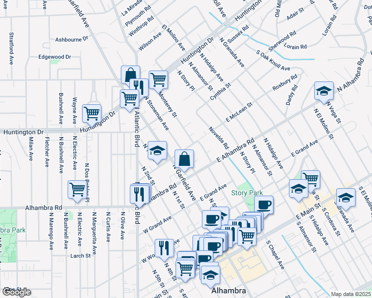 map of restaurants, bars, coffee shops, grocery stores, and more near 721 North Stoneman Avenue in Alhambra