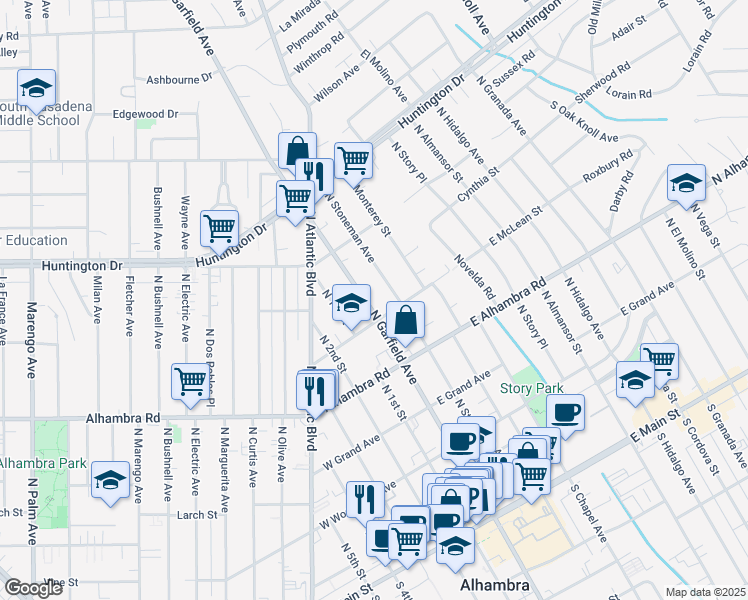map of restaurants, bars, coffee shops, grocery stores, and more near 815 North Garfield Avenue in Alhambra