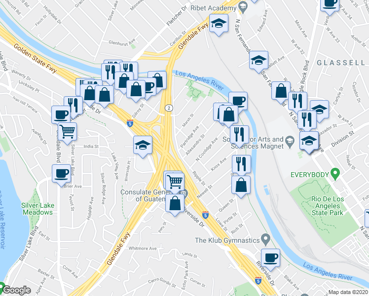 map of restaurants, bars, coffee shops, grocery stores, and more near 2754 Allesandro Street in Los Angeles