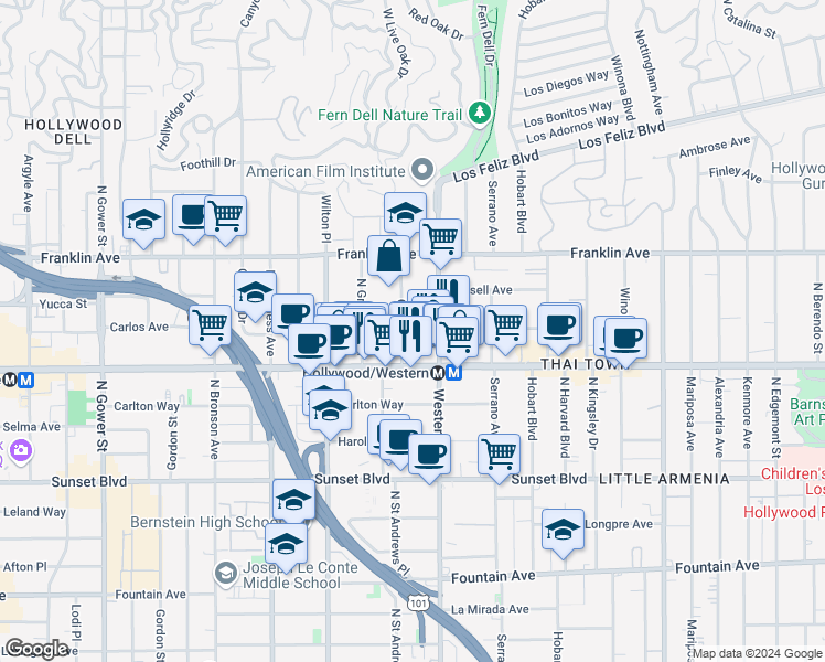 map of restaurants, bars, coffee shops, grocery stores, and more near 1723 Garfield Place in Los Angeles