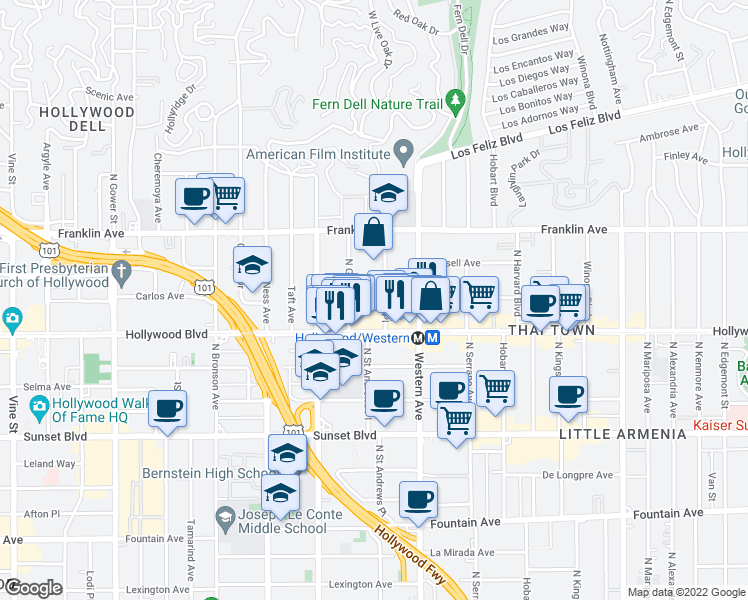 map of restaurants, bars, coffee shops, grocery stores, and more near 1723 Garfield Place in Los Angeles