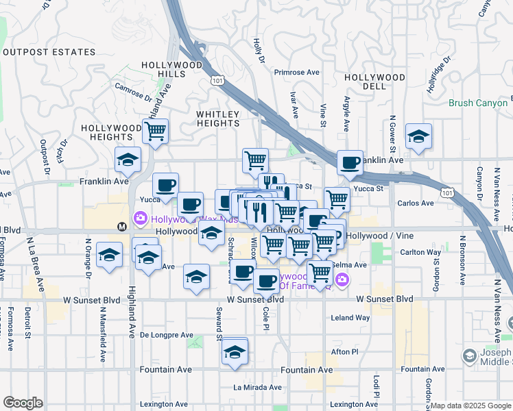 map of restaurants, bars, coffee shops, grocery stores, and more near 1720 Wilcox Avenue in Los Angeles