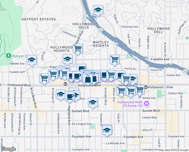 map of restaurants, bars, coffee shops, grocery stores, and more near 1733 North Cherokee Avenue in Los Angeles