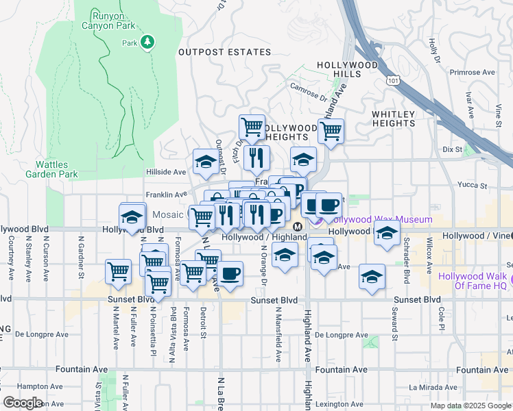 map of restaurants, bars, coffee shops, grocery stores, and more near 7021 Hollywood Boulevard in Los Angeles