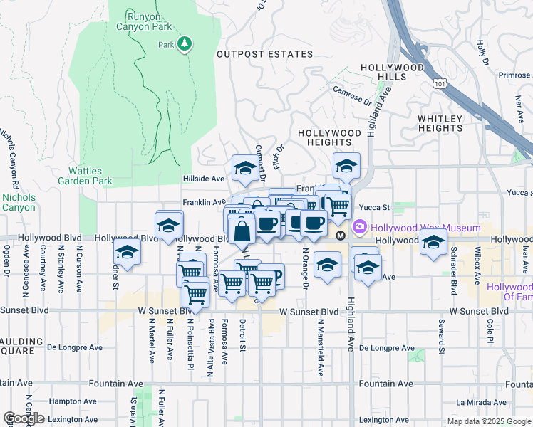 map of restaurants, bars, coffee shops, grocery stores, and more near 1731 North Sycamore Avenue in Los Angeles