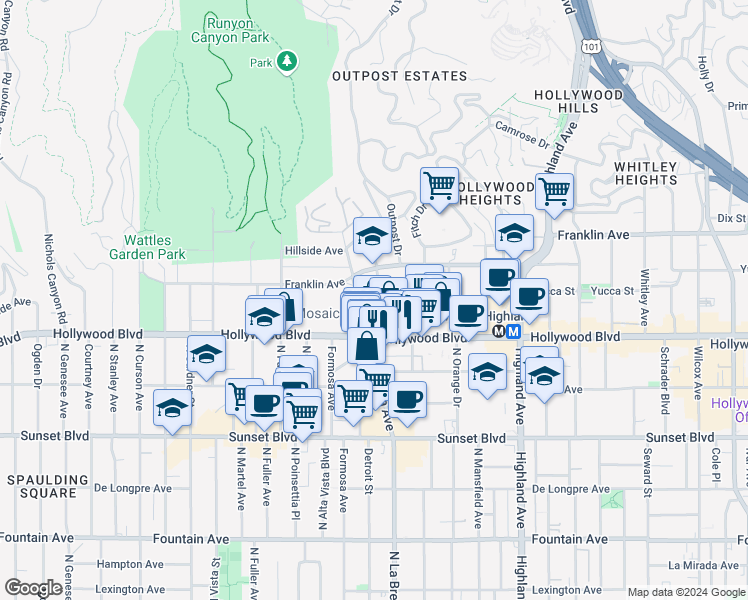 map of restaurants, bars, coffee shops, grocery stores, and more near 1730 North La Brea Avenue in Los Angeles