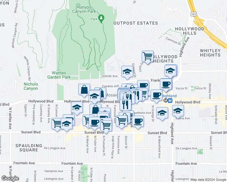 map of restaurants, bars, coffee shops, grocery stores, and more near 7205 Hollywood Boulevard in Los Angeles