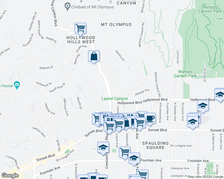 map of restaurants, bars, coffee shops, grocery stores, and more near 1720 Laurel Canyon Boulevard in Los Angeles