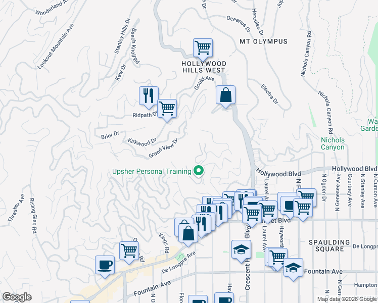 map of restaurants, bars, coffee shops, grocery stores, and more near 1689 Woods Drive in Los Angeles