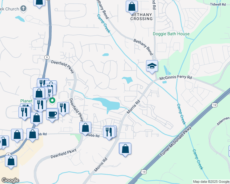 map of restaurants, bars, coffee shops, grocery stores, and more near 665 Chantress Court in Alpharetta