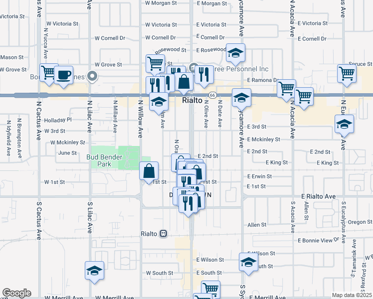 map of restaurants, bars, coffee shops, grocery stores, and more near 210 North Riverside Avenue in Rialto