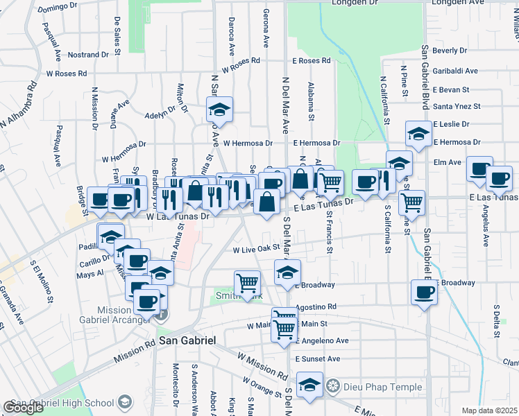 map of restaurants, bars, coffee shops, grocery stores, and more near 193 West Las Tunas Drive in San Gabriel