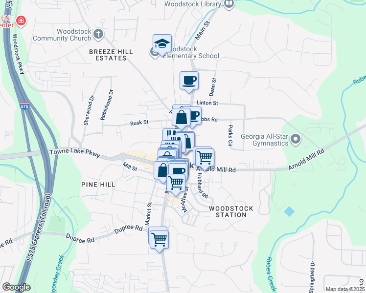 map of restaurants, bars, coffee shops, grocery stores, and more near 2 East Main Street in Woodstock
