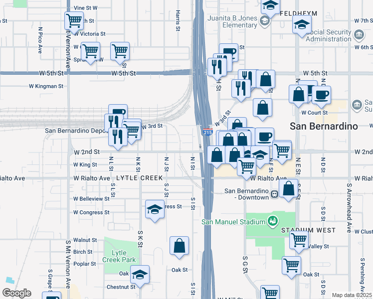 map of restaurants, bars, coffee shops, grocery stores, and more near 924 West 2nd Street in San Bernardino