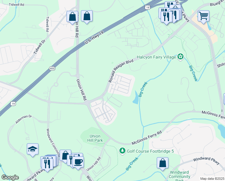 map of restaurants, bars, coffee shops, grocery stores, and more near 7520 Winthrop Road in Alpharetta