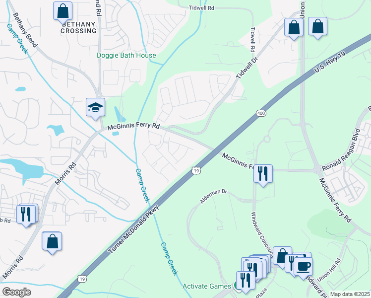map of restaurants, bars, coffee shops, grocery stores, and more near 13240 Warrensville Cove in Alpharetta